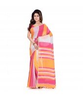 DESH BIDESH Women`s Bengal Khadi Ghicha Handloom Cotton Silk Saree With Blouse Piece (Orange Pink White)