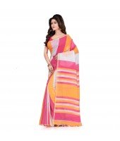 DESH BIDESH Women`s Bengal Khadi Ghicha Handloom Cotton Silk Saree With Blouse Piece (Orange Pink White)