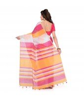 DESH BIDESH Women`s Bengal Khadi Ghicha Handloom Cotton Silk Saree With Blouse Piece (Orange Pink White)