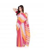 DESH BIDESH Women`s Bengal Khadi Ghicha Handloom Cotton Silk Saree With Blouse Piece (Orange Pink White)