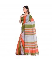 Women`s Bengal Khadi Ghicha Handloom Cotton Silk Saree With Blouse Piece (Orange Silver Green)