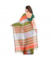 Women`s Bengal Khadi Ghicha Handloom Cotton Silk Saree With Blouse Piece (Orange Silver Green)