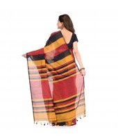 DESH BIDESH Women`s Bengal Khadi Ghicha Handloom Cotton Silk Saree With Blouse Piece (Black Yellow Red)