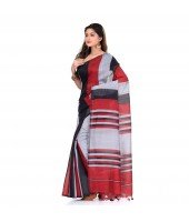 DESH BIDESH Women`s Bengal Khadi Ghicha Handloom Cotton Silk Saree With Blouse Piece (Black Silver Red)