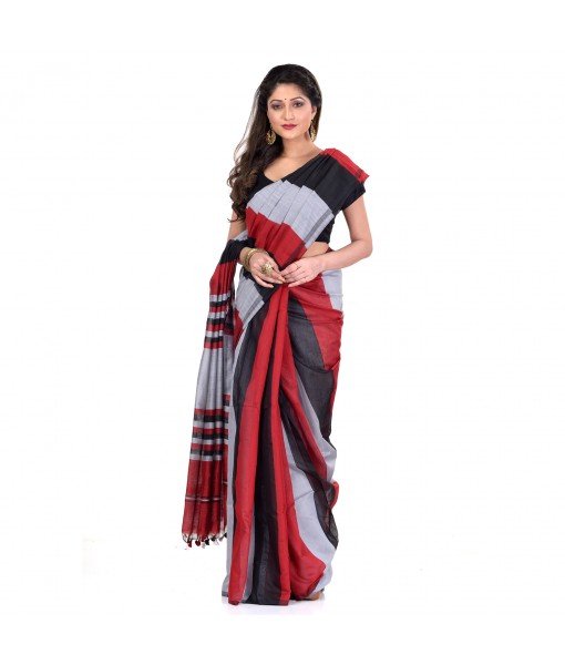 DESH BIDESH Women`s Bengal Khadi Ghicha Handloom Cotton Silk Saree With Blouse Piece (Black Silver Red)