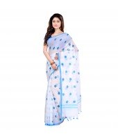 DESH BIDESH Women`s Traditional Hand Woven Malmal Bengal Handloom Pure Cotton Saree Without Blouse Piece (Sky Blue White)