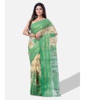 Sakuntala Devi Design Handloom Cotton Traditional Bengal Tant Saree With  Green and White