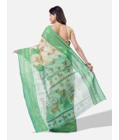 Sakuntala Devi Design Handloom Cotton Traditional Bengal Tant Saree With  Green and White