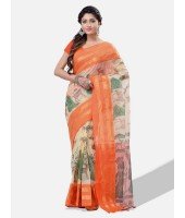 Women`s Pure Cotton Handloom Bengal Tant Saree With Sakuntala Printed Zori Design Without Blouse Pcs.