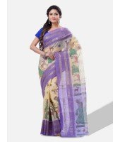 Women Sakuntala Design Pure Handloom Cotton Bengal Tant Saree Without Blouse Piece (Purple Off White)