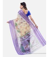 Women Sakuntala Design Pure Handloom Cotton Bengal Tant Saree Without Blouse Piece (Purple Off White)