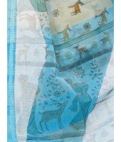 Women`s Pure Cotton Handloom Bengal Tant Saree With Sakuntala Printed Zori Design Without Blouse Pcs. (Sky Blue Off-White)