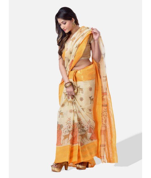 Bengal Printed cotton Tant Saree – Off White Sakuntala Printed Body With Light Work – Zori Work Border