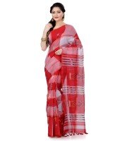 Women`s Bengal Handloom Tant Malmal Pure Cotton Saree Kotki Design Without Blouse Piece (Red White)