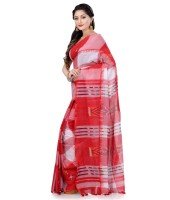 Women`s Bengal Handloom Tant Malmal Pure Cotton Saree Kotki Design Without Blouse Piece (Red White)