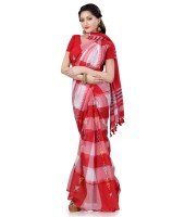 Women`s Bengal Handloom Tant Malmal Pure Cotton Saree Kotki Design Without Blouse Piece (Red White)