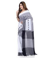 Women`s Traditional Bengali Handloom Tant Pure Cotton Saree Pompom Desigined With Blouse Piece (Deep Black Grey White)