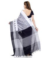 Women`s Traditional Bengali Handloom Tant Pure Cotton Saree Pompom Desigined With Blouse Piece (Deep Black Grey White)