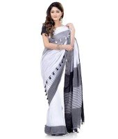 Women`s Traditional Bengali Handloom Tant Pure Cotton Saree Pompom Desigined With Blouse Piece (Deep Black Grey White)