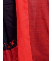 Red & Black Traditional Bengali Handloom Tant Pure Cotton Saree Pompom Desigined With Blouse Piece