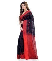 Red & Black Traditional Bengali Handloom Tant Pure Cotton Saree Pompom Desigined With Blouse Piece