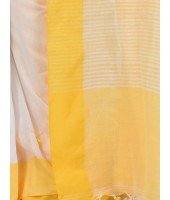 Women`s Traditional Bengali Handloom Tant Pure Cotton Saree Pompom Desigined With Blouse Piece (Yellow White)