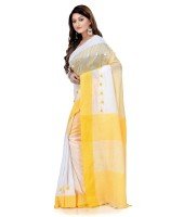 Women`s Traditional Bengali Handloom Tant Pure Cotton Saree Pompom Desigined With Blouse Piece (Yellow White)