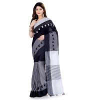 Traditional Khadi Bengali Handloom Tant Pure Cotton Saree Pom Pom Designed With Blouse Piece (Light Black Grey White)