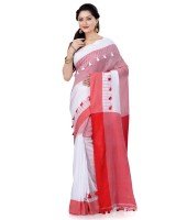 Traditional Bengali Handloom Tant Pure Cotton Saree Pompom Designed With Blouse Piece (Red White)