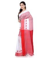 Traditional Bengali Handloom Tant Pure Cotton Saree Pompom Designed With Blouse Piece (Red White)