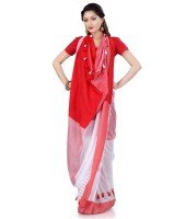 Traditional Bengali Handloom Tant Pure Cotton Saree Pompom Designed With Blouse Piece (Red White)