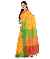 Women`s Traditional Bengali Handloom Tant Pure Cotton Saree with Pom Pom lace Designed With Blouse Piece (Green Yellow Red)