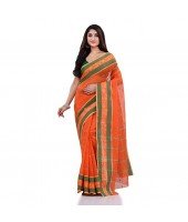 DESH BIDESH Women`s Traditional Tant Pure Cotton Handloom Saree Woven Sudarshana Designer Without Blouse Piece (Orange & Green)