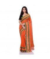 DESH BIDESH Women`s Traditional Tant Pure Cotton Handloom Saree Woven Sudarshana Designer Without Blouse Piece (Orange & Green)