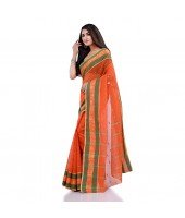 DESH BIDESH Women`s Traditional Tant Pure Cotton Handloom Saree Woven Sudarshana Designer Without Blouse Piece (Orange & Green)