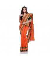 DESH BIDESH Women`s Traditional Tant Pure Cotton Handloom Saree Woven Sudarshana Designer Without Blouse Piece (Orange & Green)