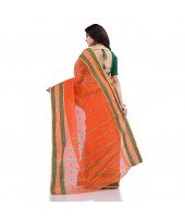 DESH BIDESH Women`s Traditional Tant Pure Cotton Handloom Saree Woven Sudarshana Designer Without Blouse Piece (Orange & Green)