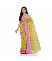 DESH BIDESH Women`s Traditional Tant Pure Cotton Handloom Saree Woven Sudarshana Designer Without Blouse Piece (Yellow & Pink)