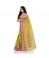 DESH BIDESH Women`s Traditional Tant Pure Cotton Handloom Saree Woven Sudarshana Designer Without Blouse Piece (Yellow & Pink)