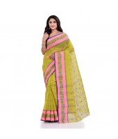 DESH BIDESH Women`s Traditional Tant Pure Cotton Handloom Saree Woven Sudarshana Designer Without Blouse Piece (Yellow & Pink)