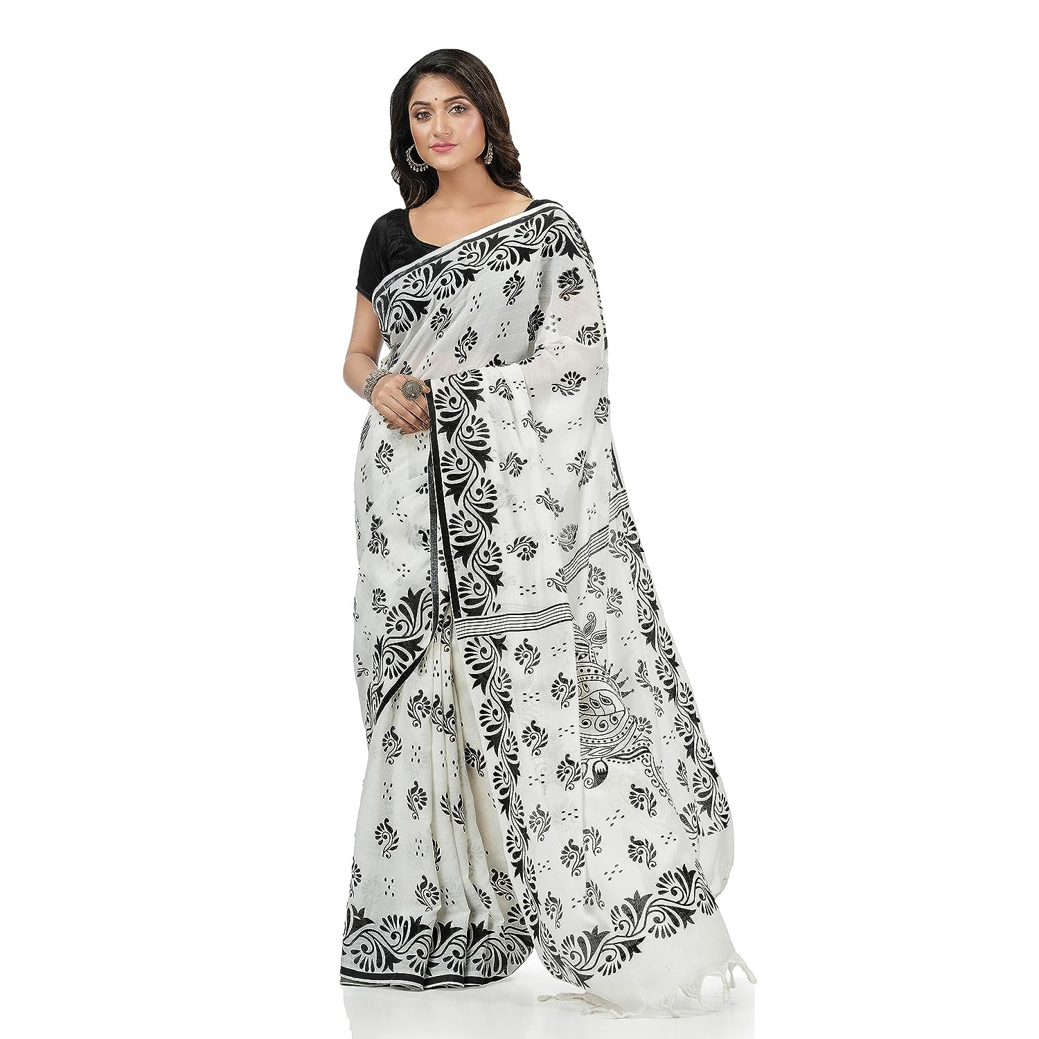  Pure Cotton Sreemoyee Design Handloom Saree with Blouse Piece (White Black)