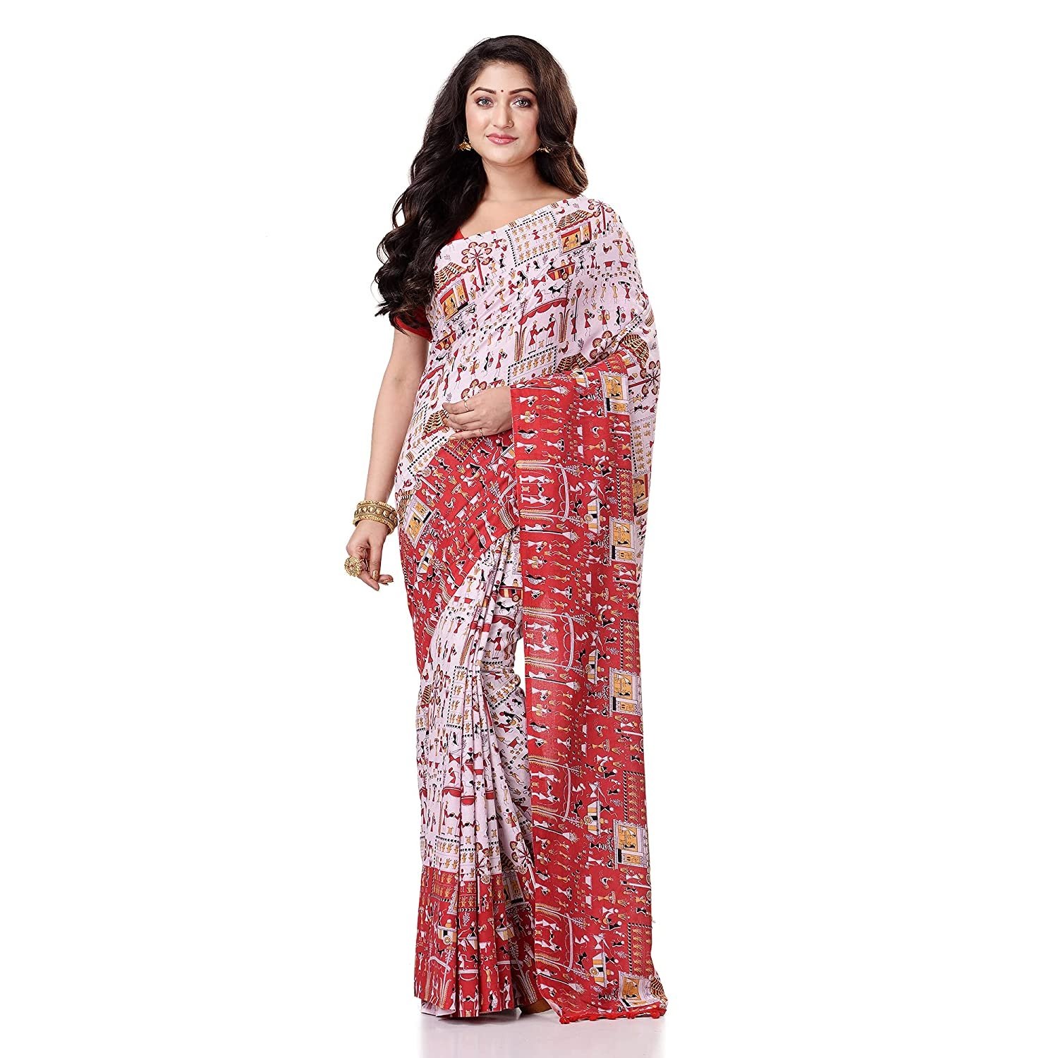  Women`s Traditional Bengal Soft Kalamkari Printed Handloom Cotton Saree Border Tassels Without Blouse Piece White Red