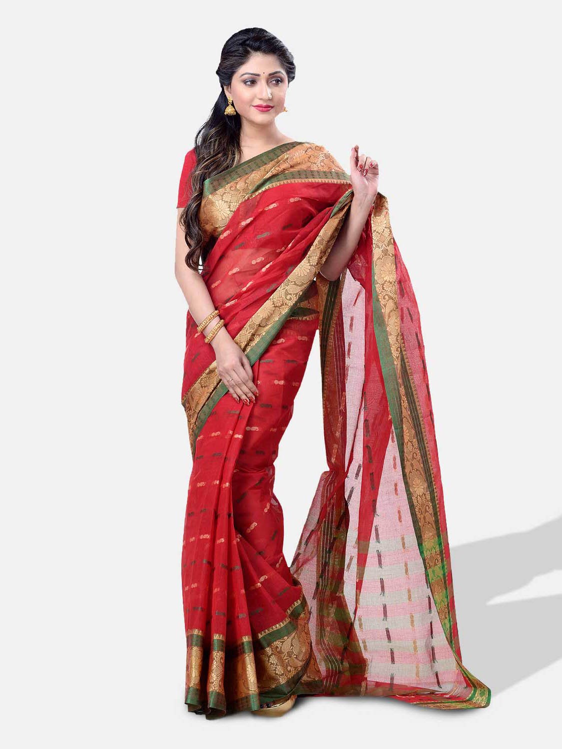 Women`s Handloom Cotton Traditional Bengal Tant Saree With Nakshi Kata Design Saree Without Blouse Piece (Red Green)   