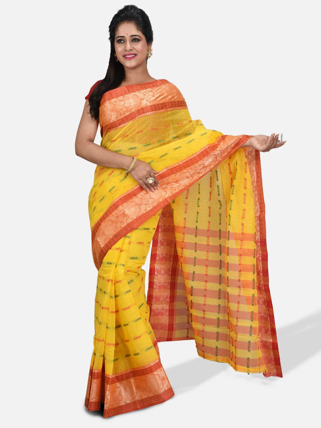 Women`s Handloom Cotton Traditional Bengal Tant Saree With Nakshi Kata Design Saree Without Blouse Piece